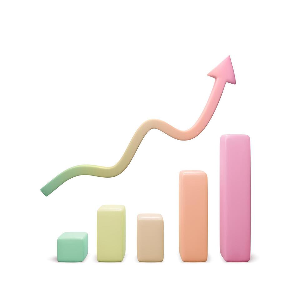 Banner chart data analics. 3d business graph in cartoon style. Growth progress pink arrow. Vector illustration
