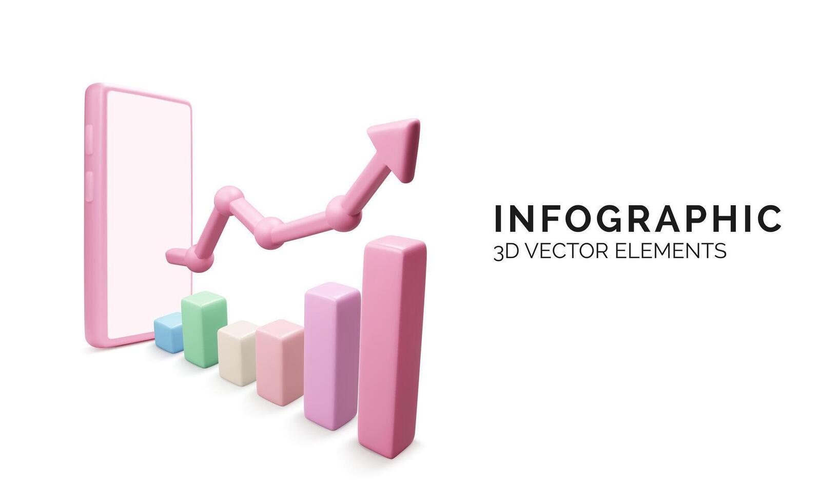 Manage money use mobile phone or application. 3D phone and graph with arrow up. Financial investment trade. Bank deposit and finance profit or investment. 3D vector illustration