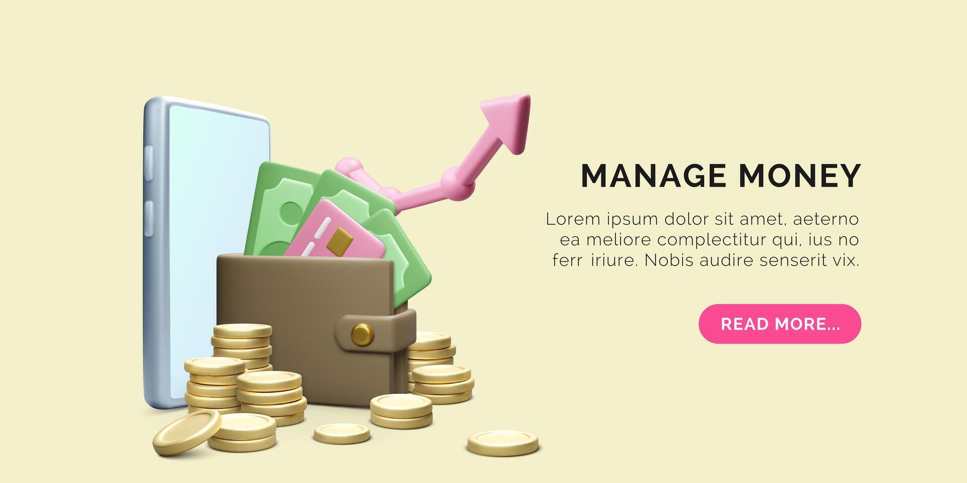 3D money management banner. Realistic mobile phone wallet with paper currency gold coins and arrow up. Mobile app online finance manage. Investment and business success. Vector illustration