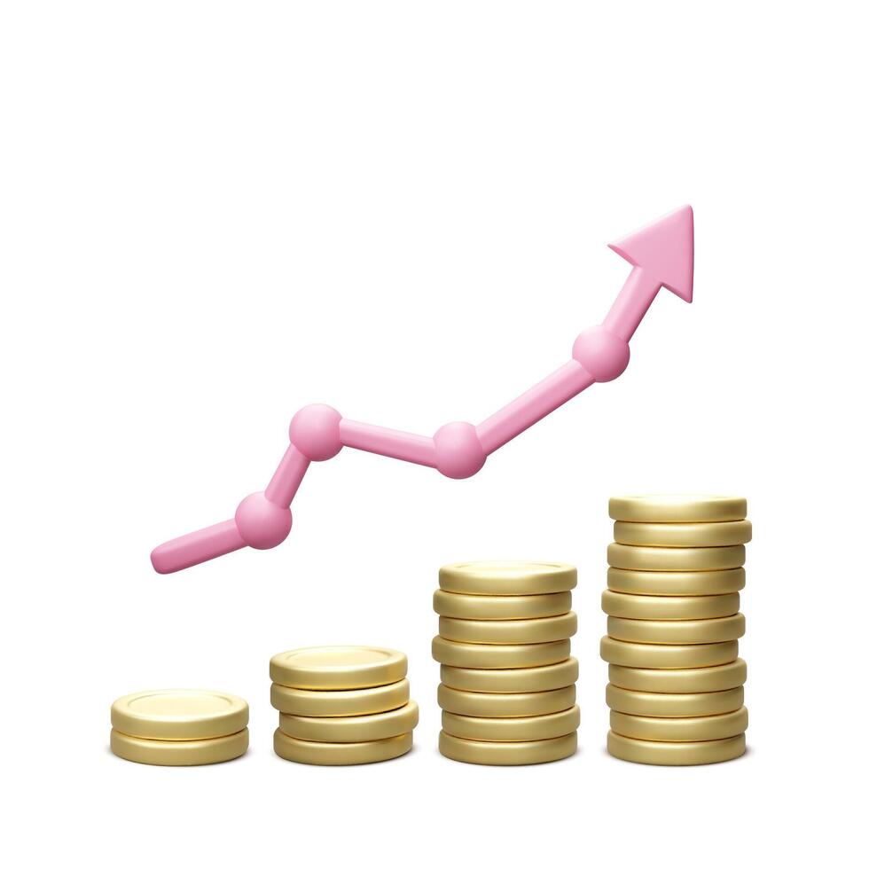 Gold coins stack with 3d arrows grow. Success business strategy graph icon. Vector illustration