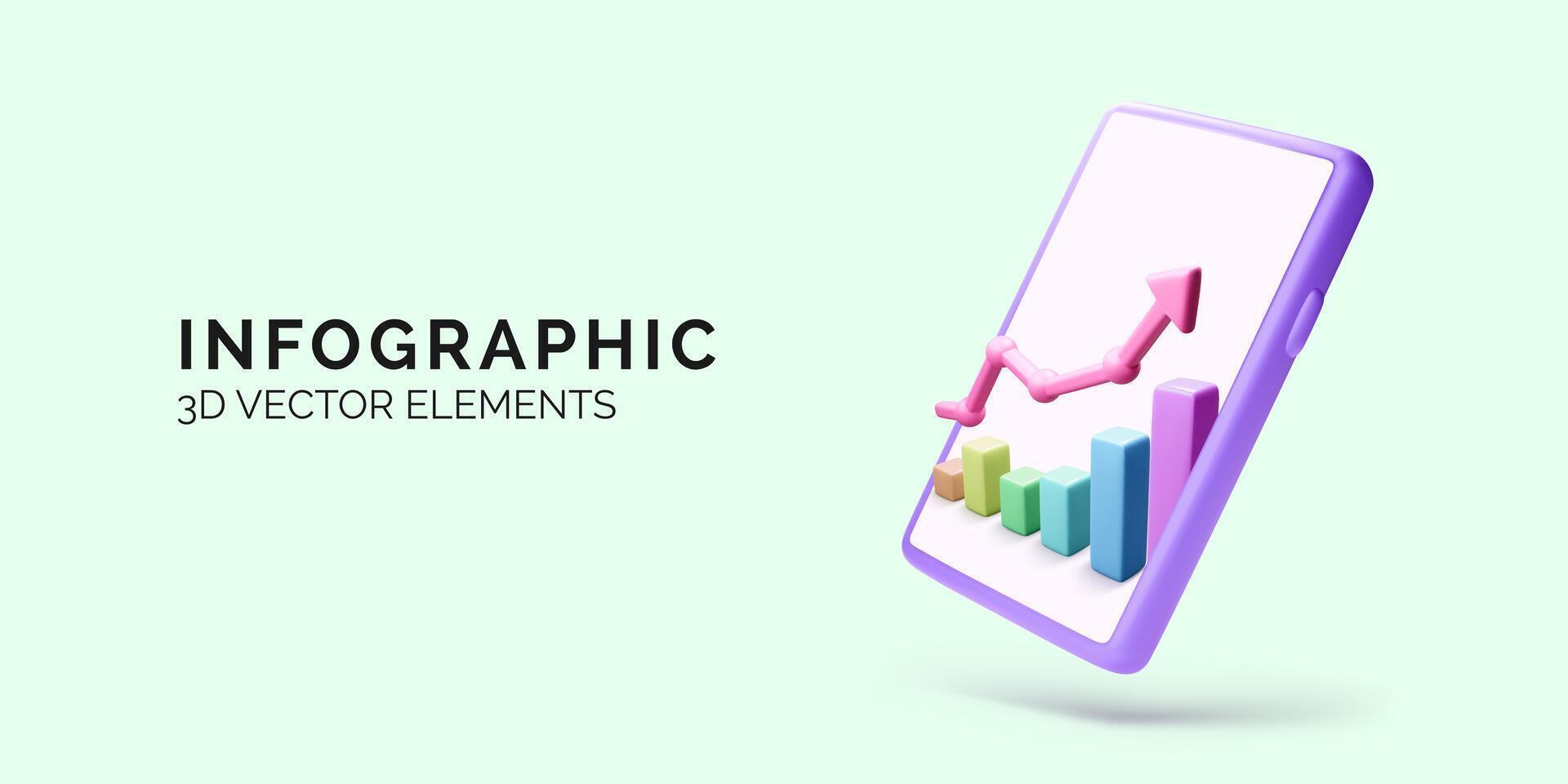 Mobile phone or application with graph and arrow up. Financial investment trade. Bank deposit and finance profit or investment. 3D vector illustration