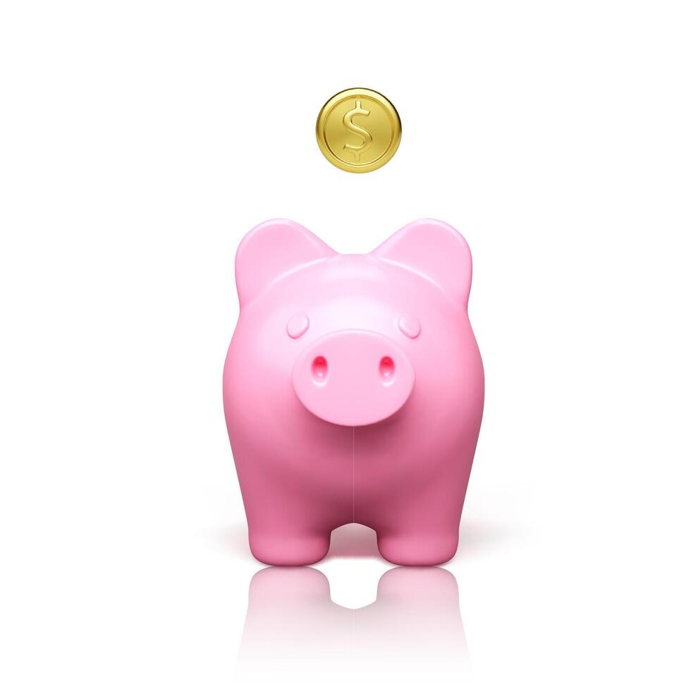 Pink piggy bank front view with falling gold coin. Money savings concept. 3D realistic pretty pig. Vector illustration