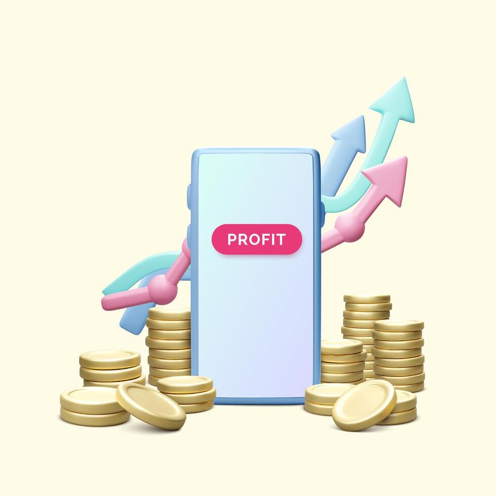 Manage money use mobile phone or application. Financial investment trade concept. Bank deposit and finance profit or investment. 3D vector illustration