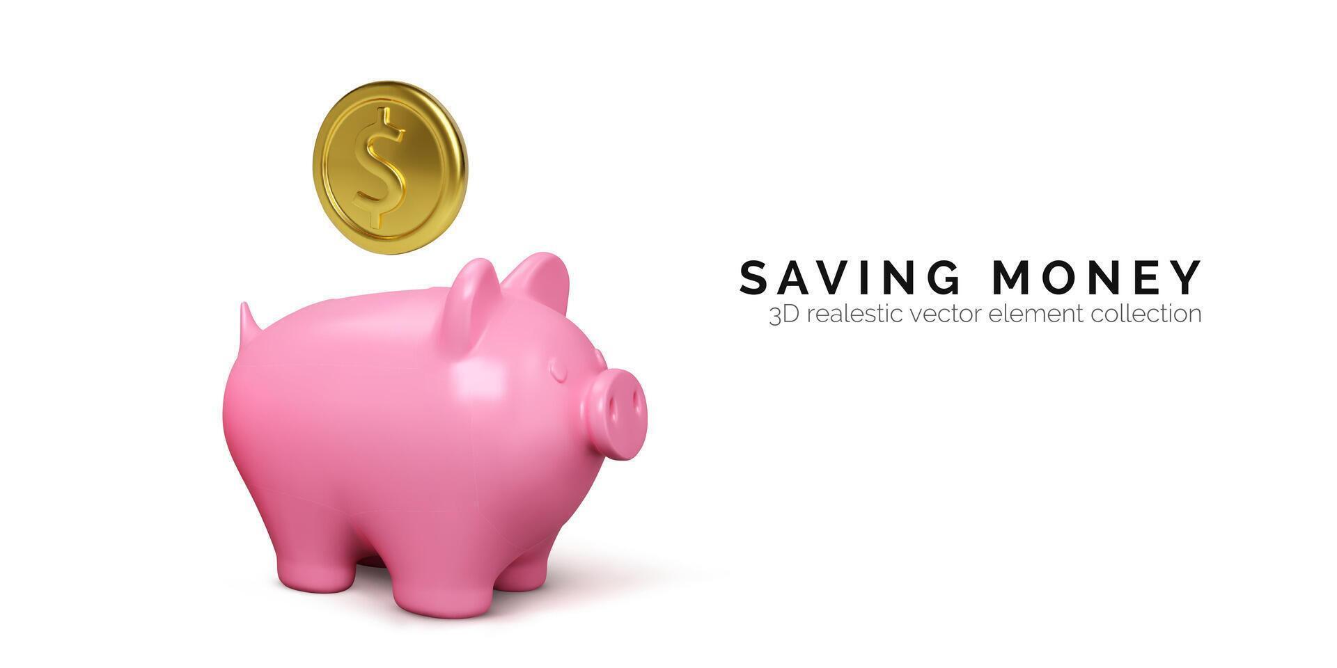 Piggy bank financial and business concept. Realistic pink pig with falling gold coin. Finance investment banner. Savings money. Vector illustration