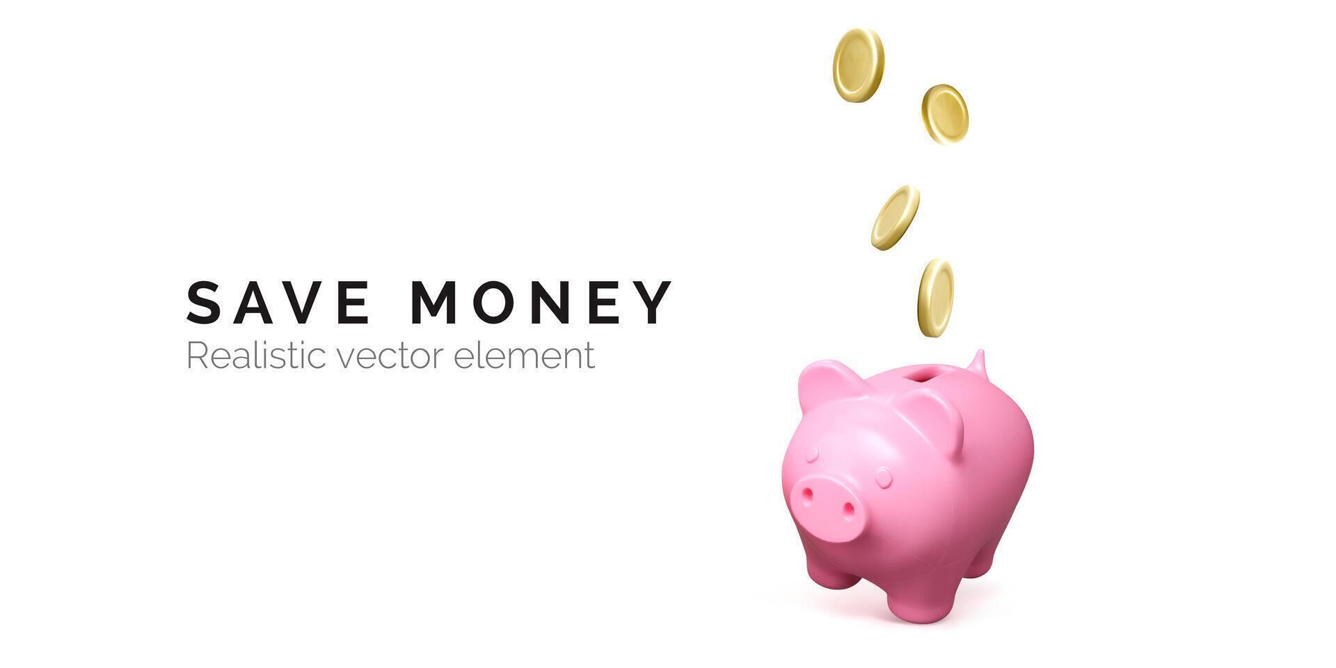 Pink piggy bank with falling gold coin. Money savings concept. 3D realistic pretty pig. Vector illustration