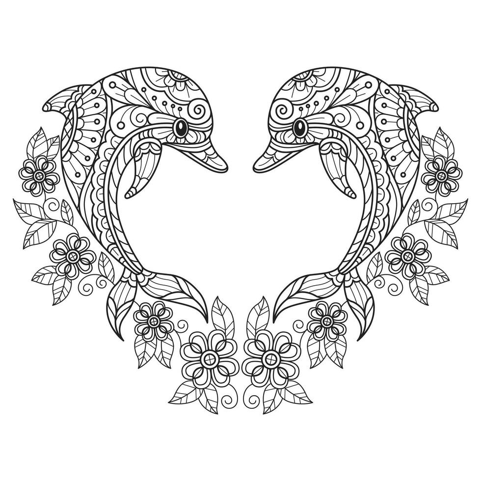 Dolphin heart frame hand drawn for adult coloring book vector