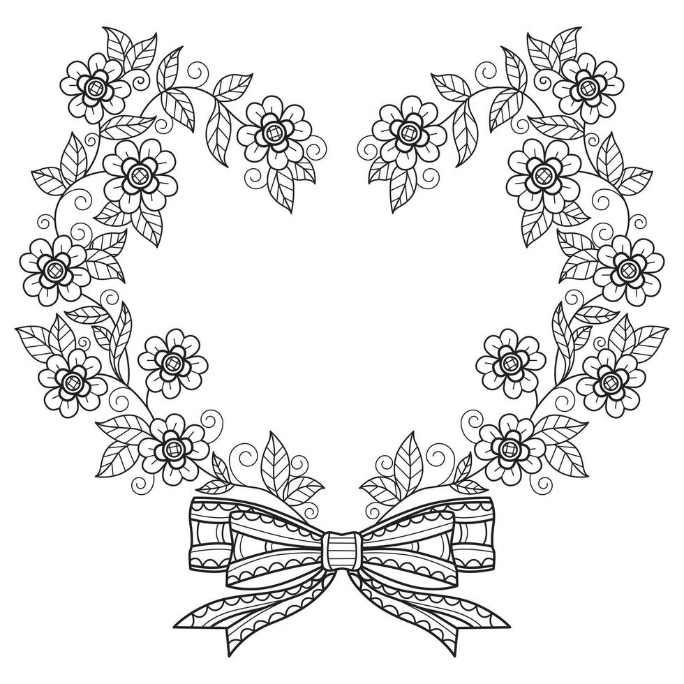 Wreath heart flower and ribbon hand drawn for adult coloring book vector