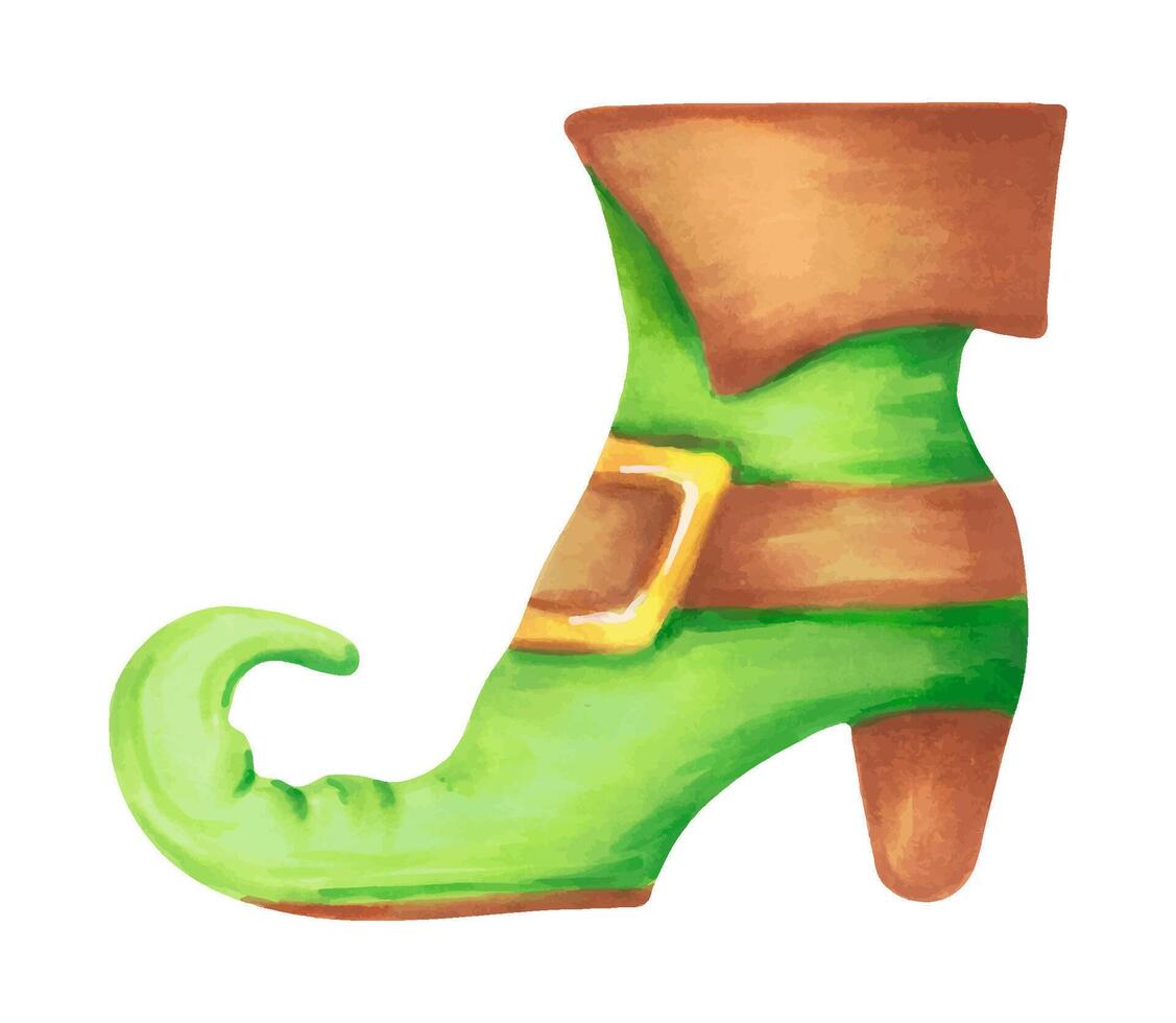 Green leprechaun shoe with gold buckle.Clipart for St. Patrick's Day celebration.Watercolor and marker illustration.Hand drawn isolated art.Sketch for cards and Irish decorations vector