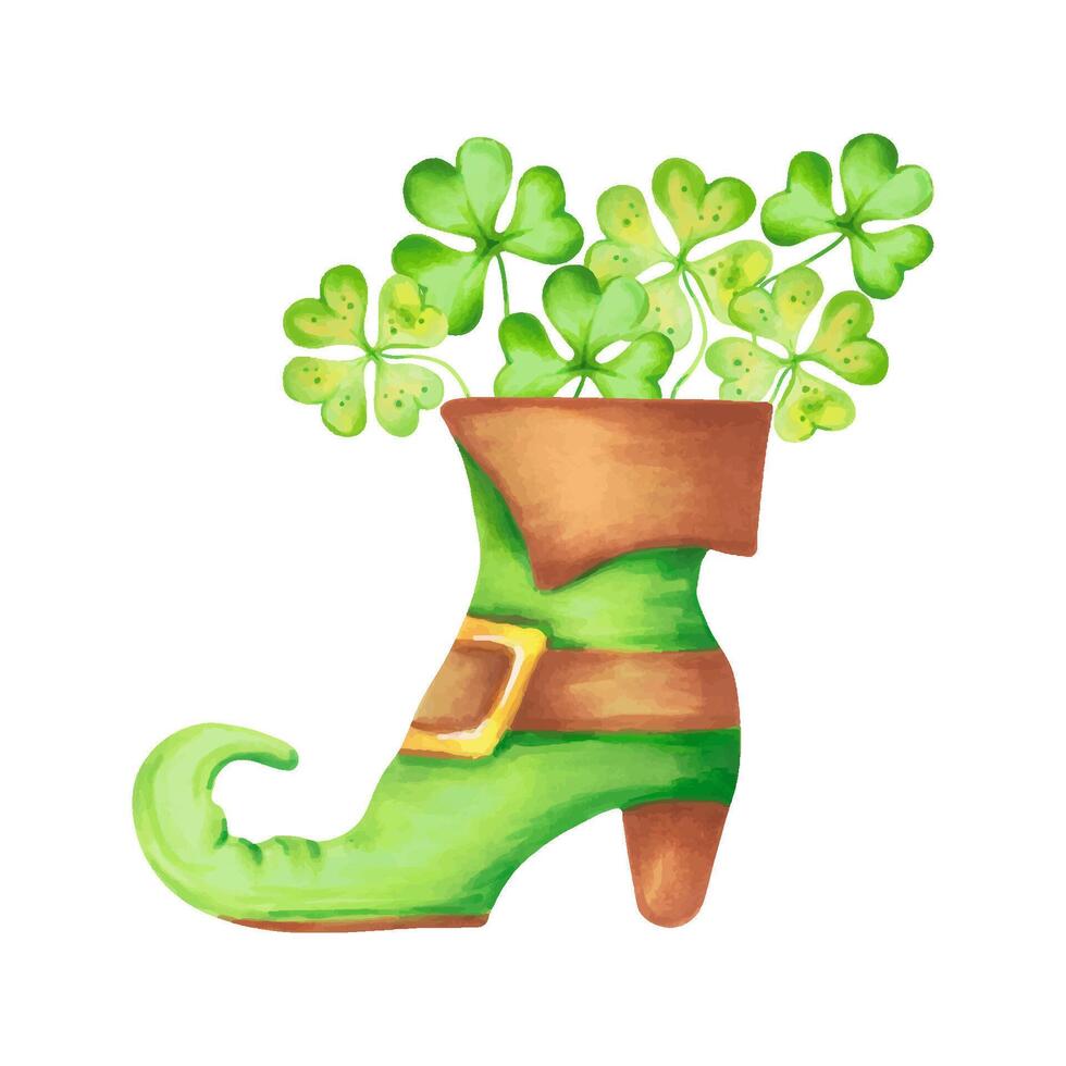 Composition of green leprechaun shoe with gold buckle and clover.Clipart for St. Patrick's Day celebration.Watercolor illustration.Hand drawn isolated art.Sketch for cards and Irish decorations vector