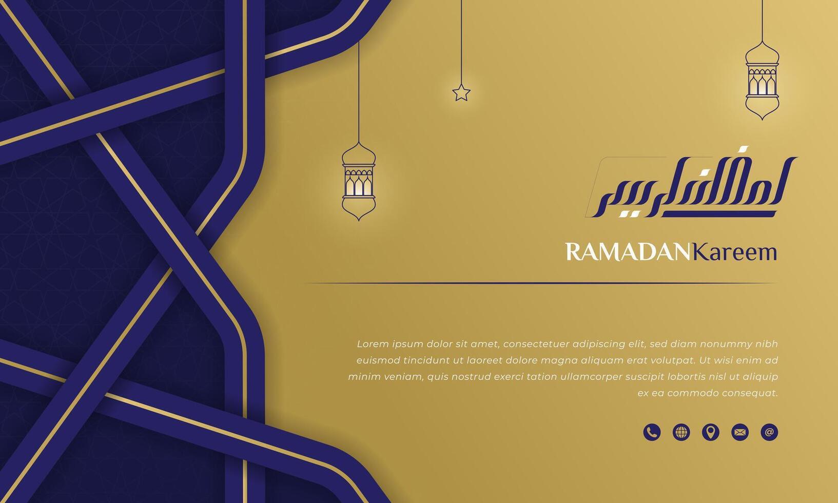 Islamic background in purple and gold with paper cut design for ramadan kareem campaign with lantern and star in line art design. Arabic text mean is ramadan kareem. vector