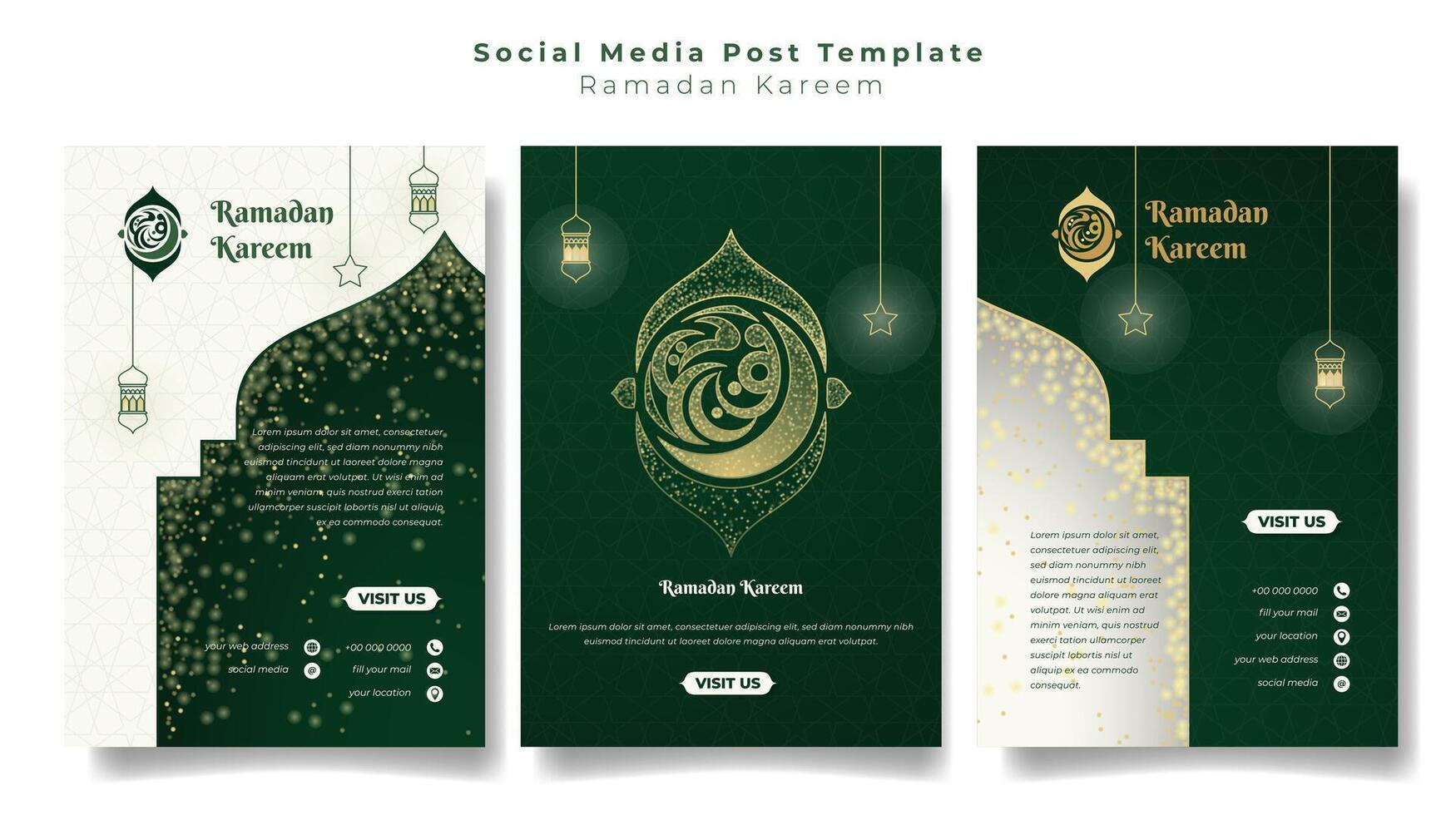 Set of social media post template in portrait background with green sparkle design for ramadan kareem campaign. arabic text mean is ramadan kareem vector