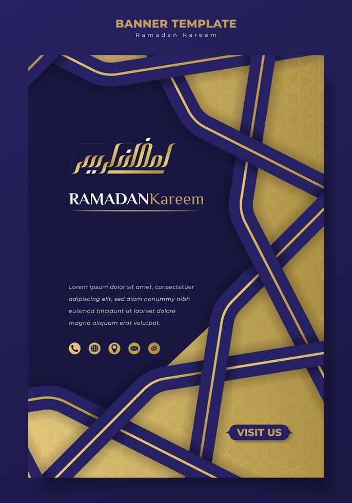 Portrait banner design with inside background is purple and gold outside for ramadan kareem campaign. arabic text mean is ramadan kareem. Islamic banner in purple and gold design vector