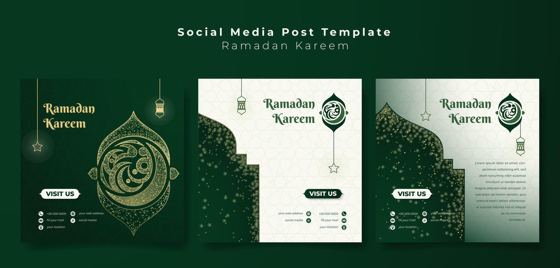 Set of social media post template in green white background with sparkle and line art of lantern and star for ramadan kareem campaign. arabic text mean is ramadan kareem. vector