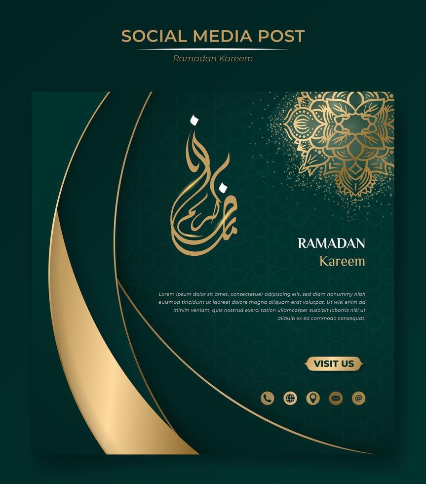cuadrado bandera modelo en oro verde antecedentes con Ramadán texto en Arábica caligrafía para Ramadán campaña. Arábica texto media es Ramadán kareem oro verde islámico antecedentes vector