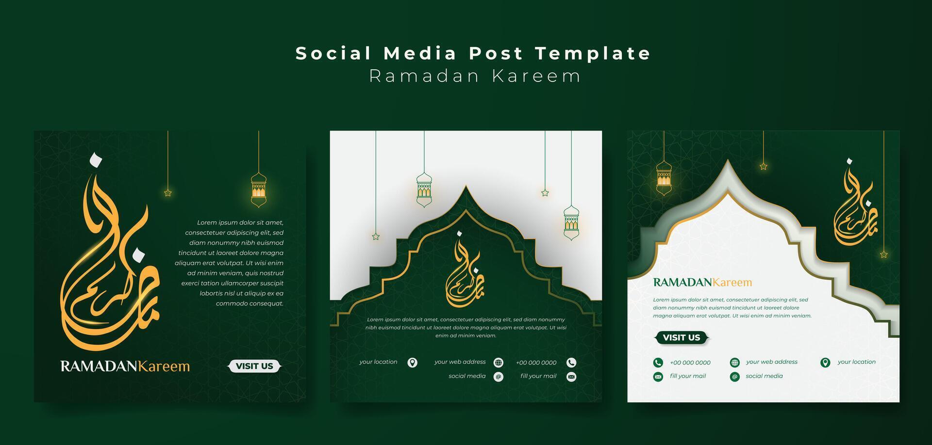 Set of social media post template with islamic mosque background in white green for ramadan kareem. islamic background set in green white with lantern and star. arabic text mean is ramadan kareem vector