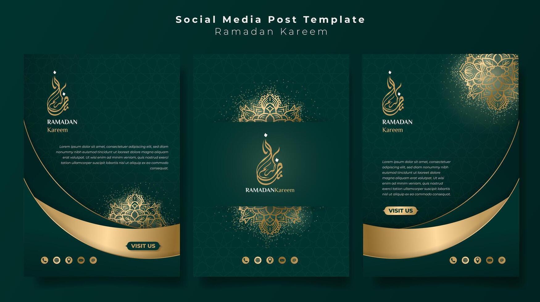 Set of portrait social media post template with simple mandala ornament design in gold green background. Green gold islamic portrait background. arabic text mean is ramadan kareem vector