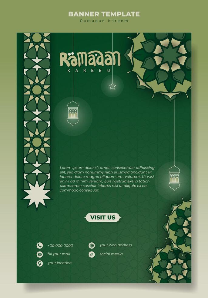 Portrait banner with green islamic ornamental background and mandala design for ramadan kareem. Green banner with islamic mandala in hand drawn design. green islamic background design vector