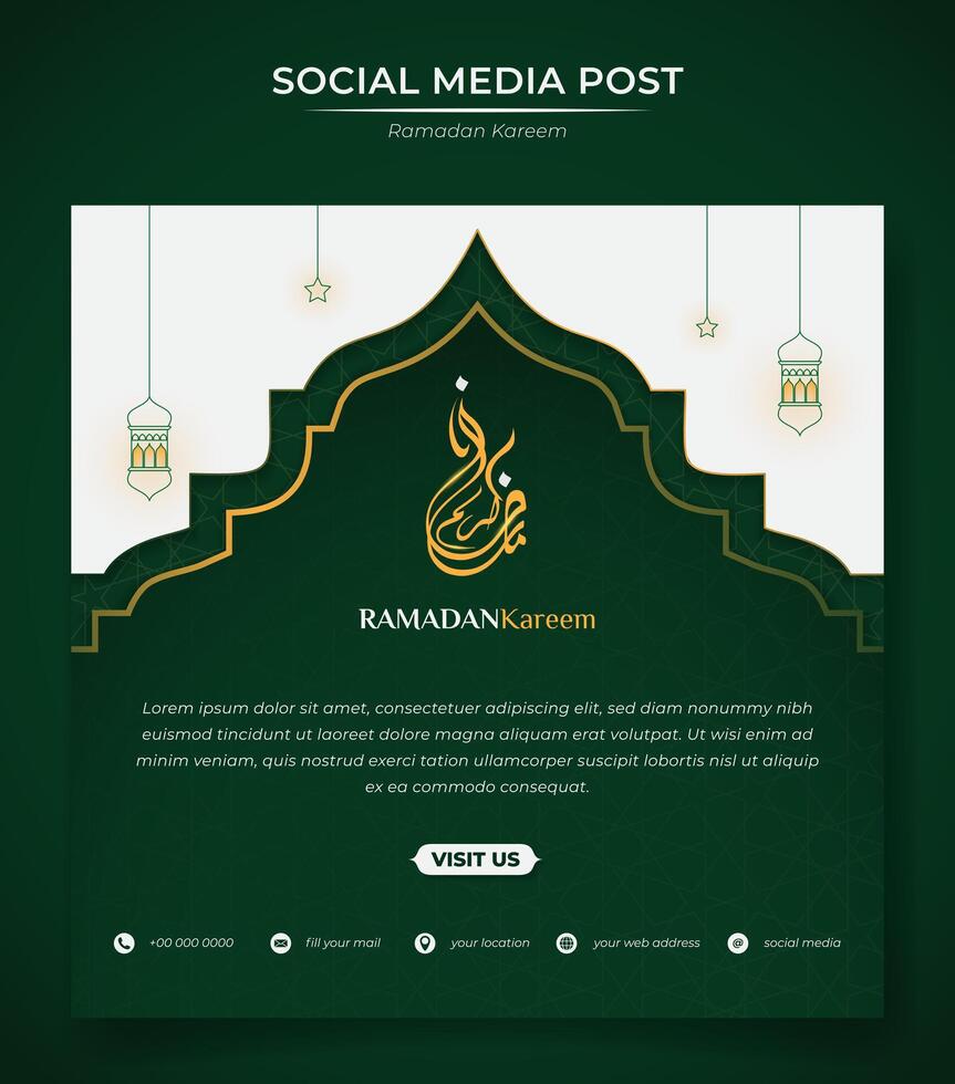Green white islamic background in square design with line art of lantern and star for ramadan kareem. arabic text mean is ramadan kareem. vector