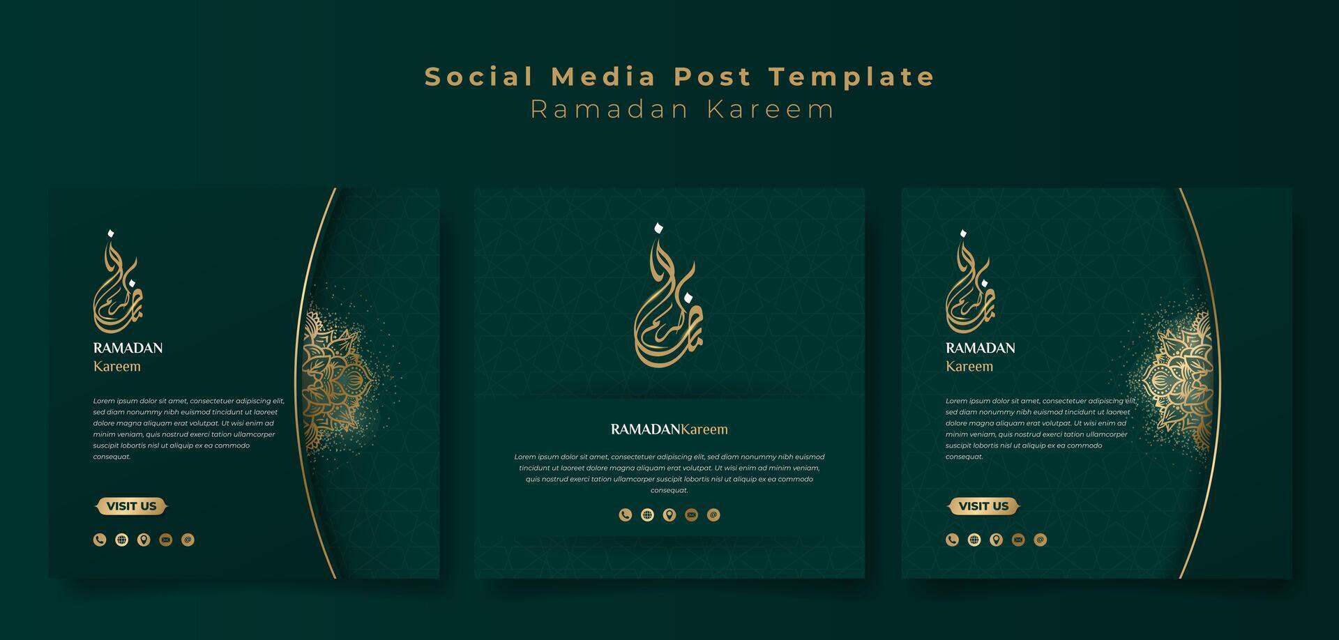 Set of social media post template in gold green background with arabic calligraphy for ramadan kareem campaign. arabic text mean is ramadan kareem. Islamic background with gold and green design vector