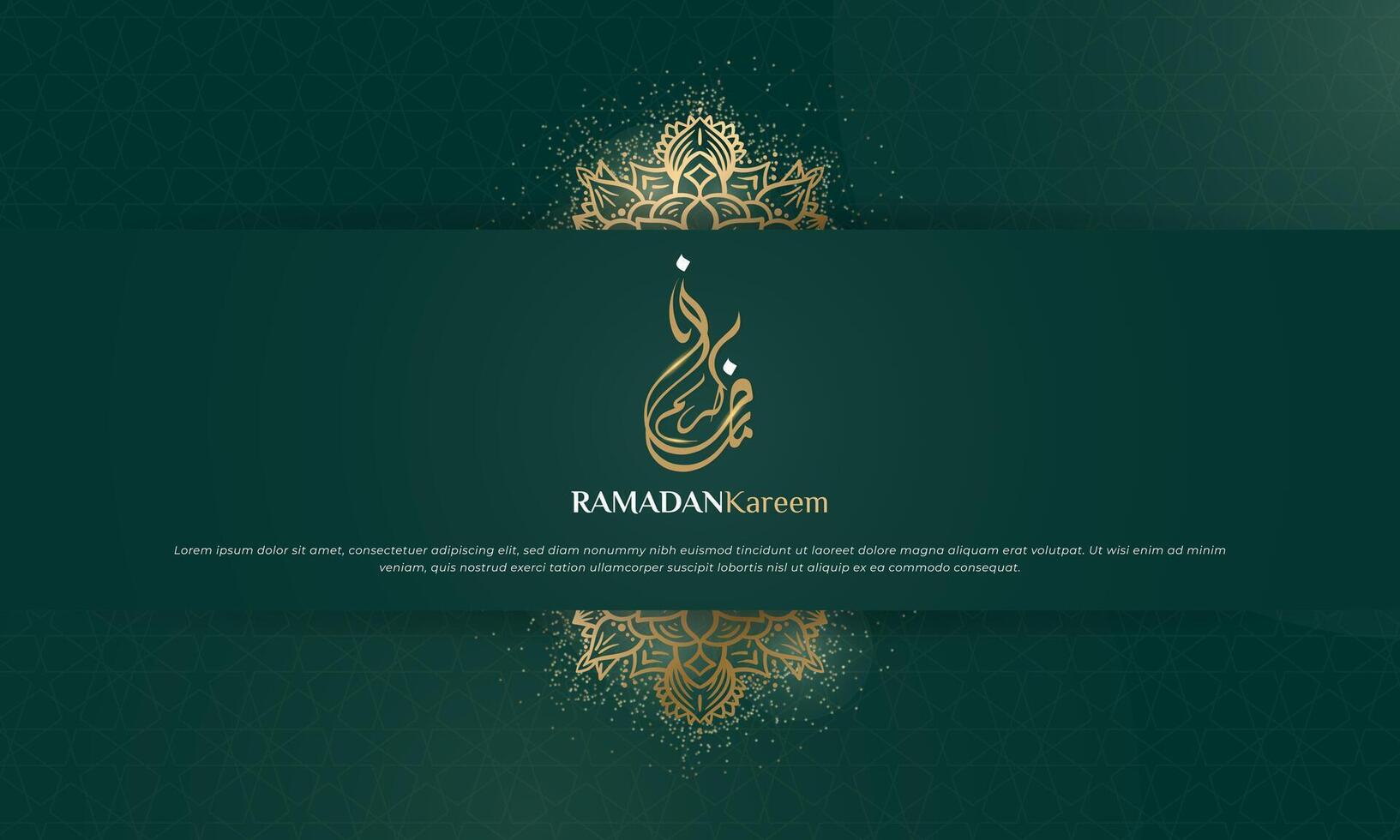 Green islamic background with golden mandala design and arabic calligraphy for ramadan kareem campaign. arabic text mean is ramadan kareem. green and gold islamic background vector
