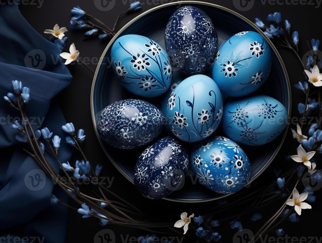 AI generated Blue Easter eggs banner background. Flat lay, top view. religious holiday. Banner, card with place for text. Free copy space photo
