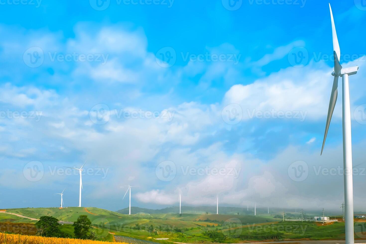 Wind turbines on the mountain of nature on blue sky at Khao Kho, Phetchabun, Thailand photo
