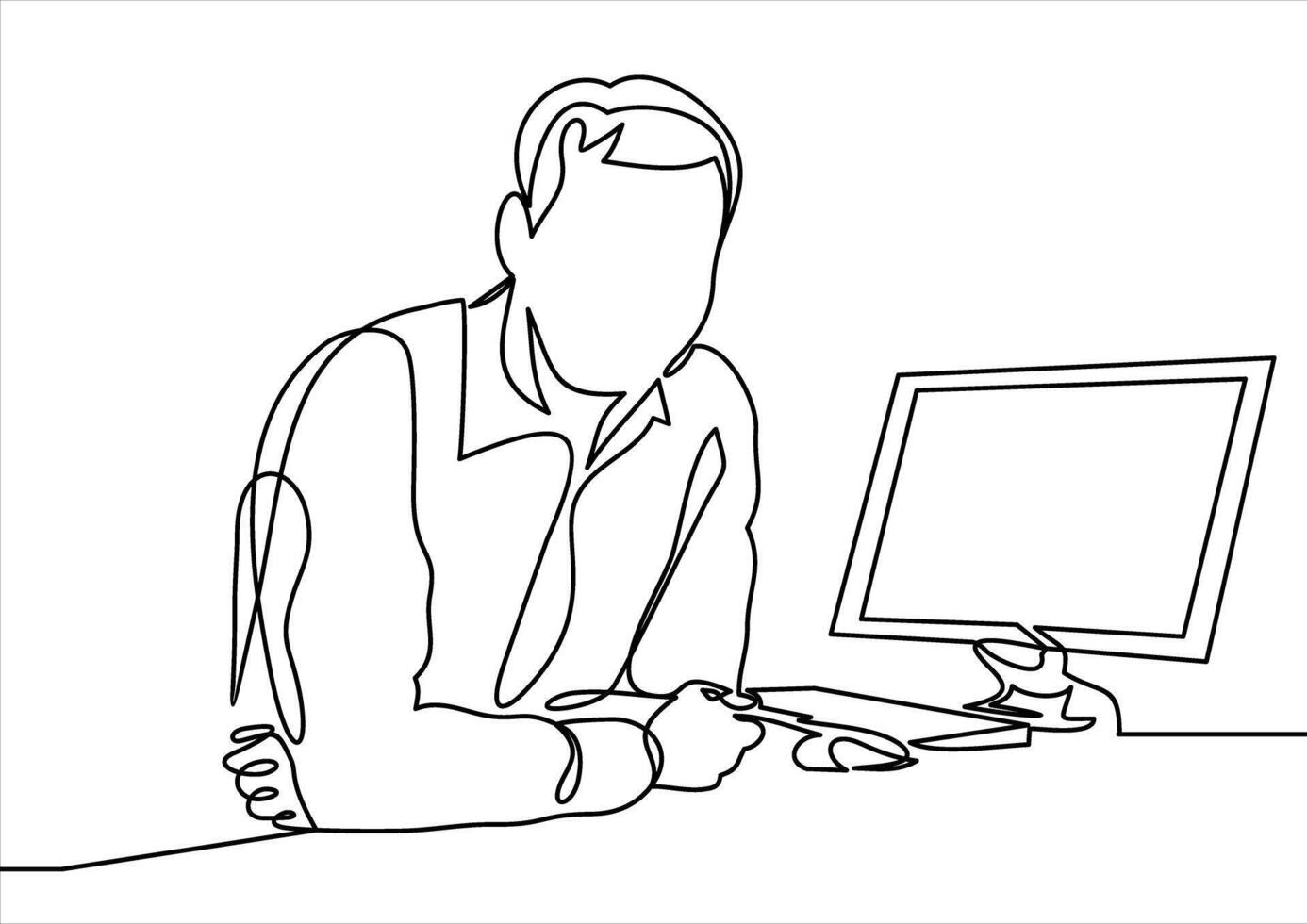 businessman working with computer, business character working in office- continuous line drawing vector