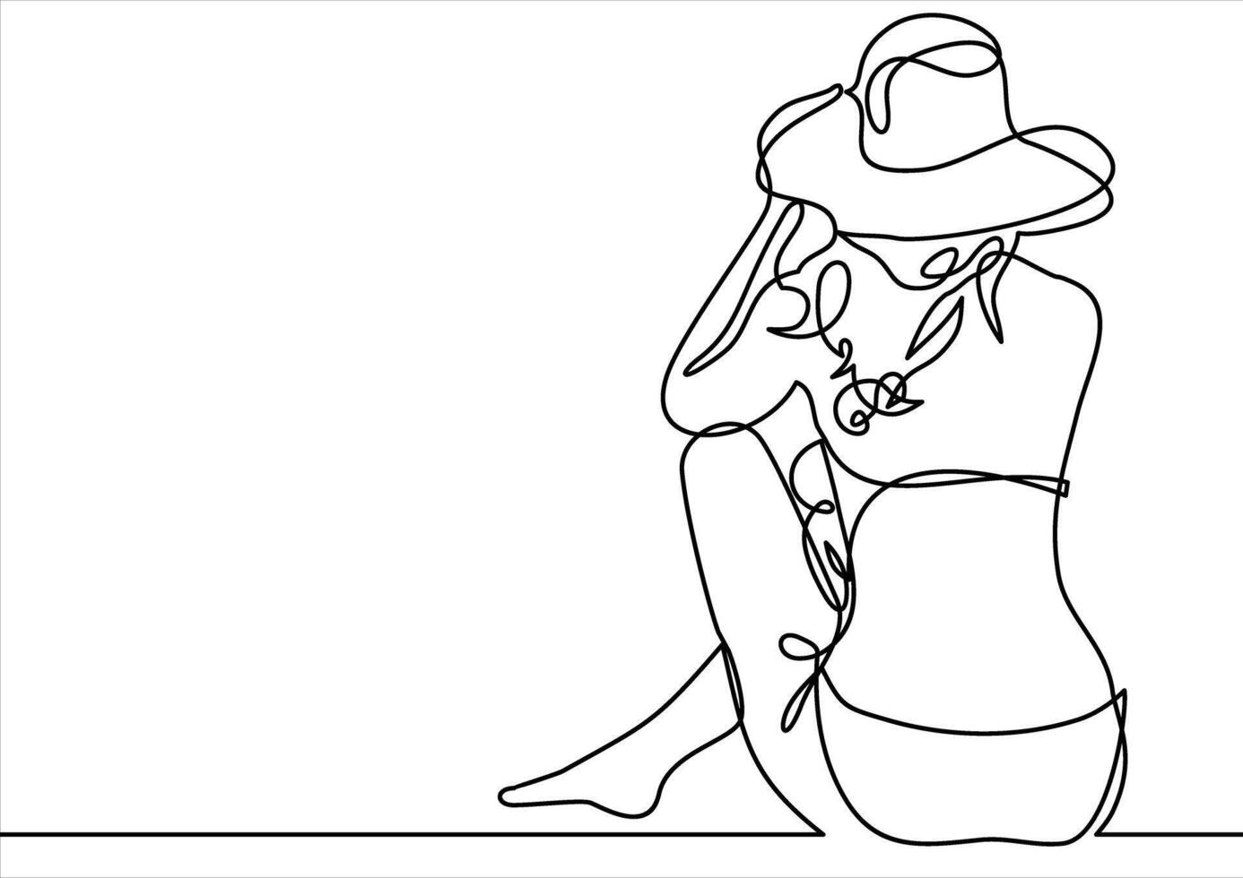 Back view of a beautiful slender young woman. She laid her hands on her hat vector