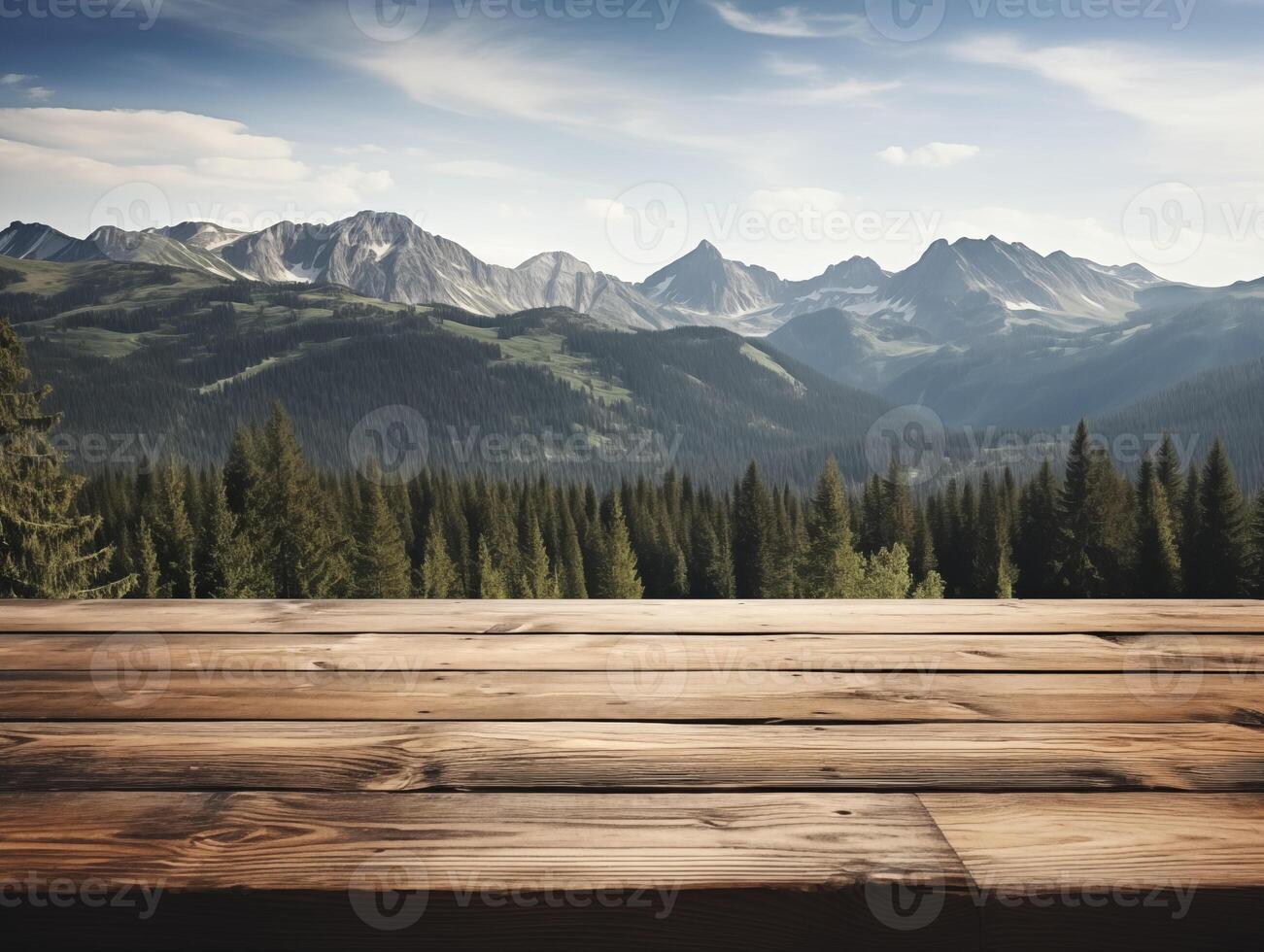 AI generated Empty wooden table top with mountains on background.Nature backdrop with wooden table podium for product display and commercial photo