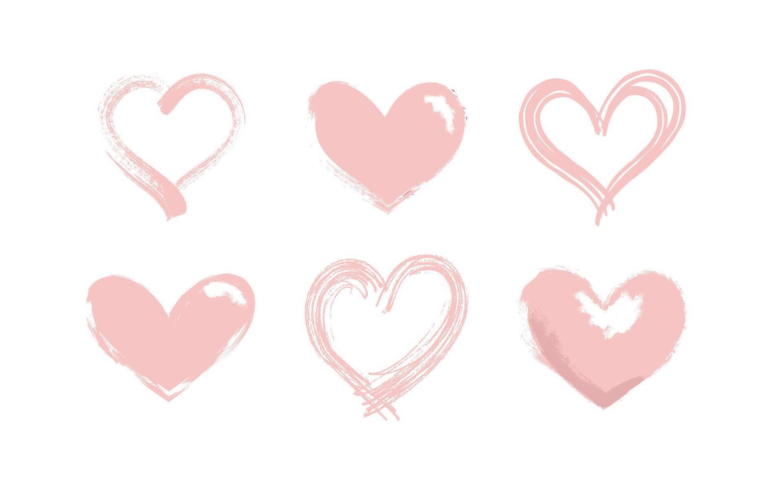 Heart shape illustrations made with brush stroke. Vector collection of hand drawn grunge Valentine hearts. Isolated on white background.