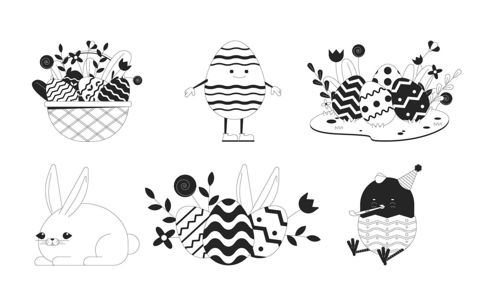 Bunny paschal eggs black and white cartoon flat illustrations set. Easter egg hunt 2D lineart characters, objects isolated. Resurrection spring eastereggs monochrome vector outline images collection