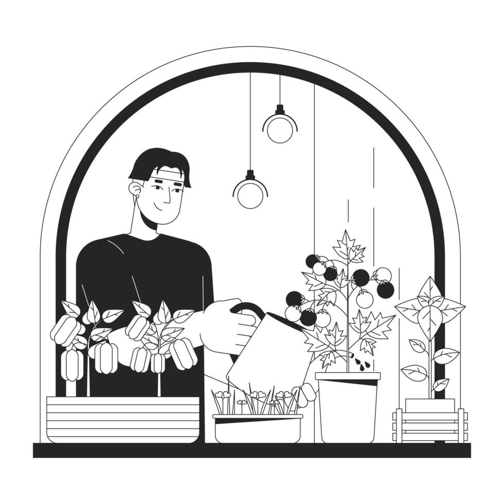 interior vegetal jardinería negro y blanco dibujos animados plano ilustración. asiático masculino riego vegetales 2d arte lineal personaje aislado. reducir energía costos a hogar monocromo escena vector contorno imagen