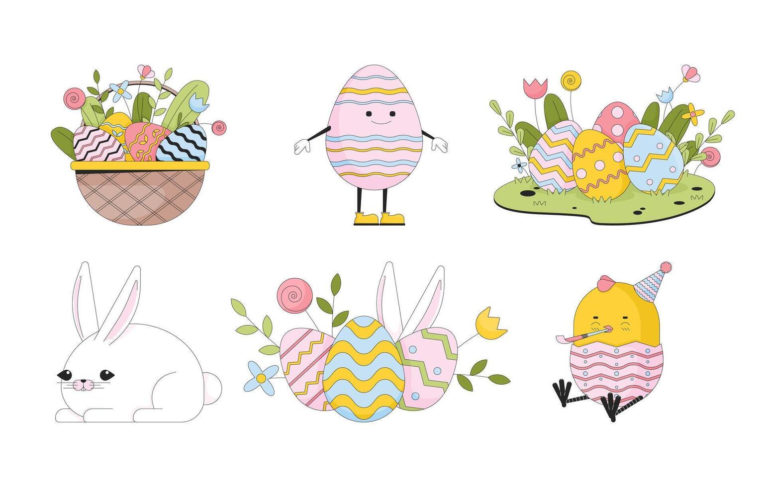 Bunny paschal eggs line cartoon flat illustrations set. Easter egg hunt 2D lineart characters, objects isolated on white background. Resurrection springtime eastereggs vector color images collection