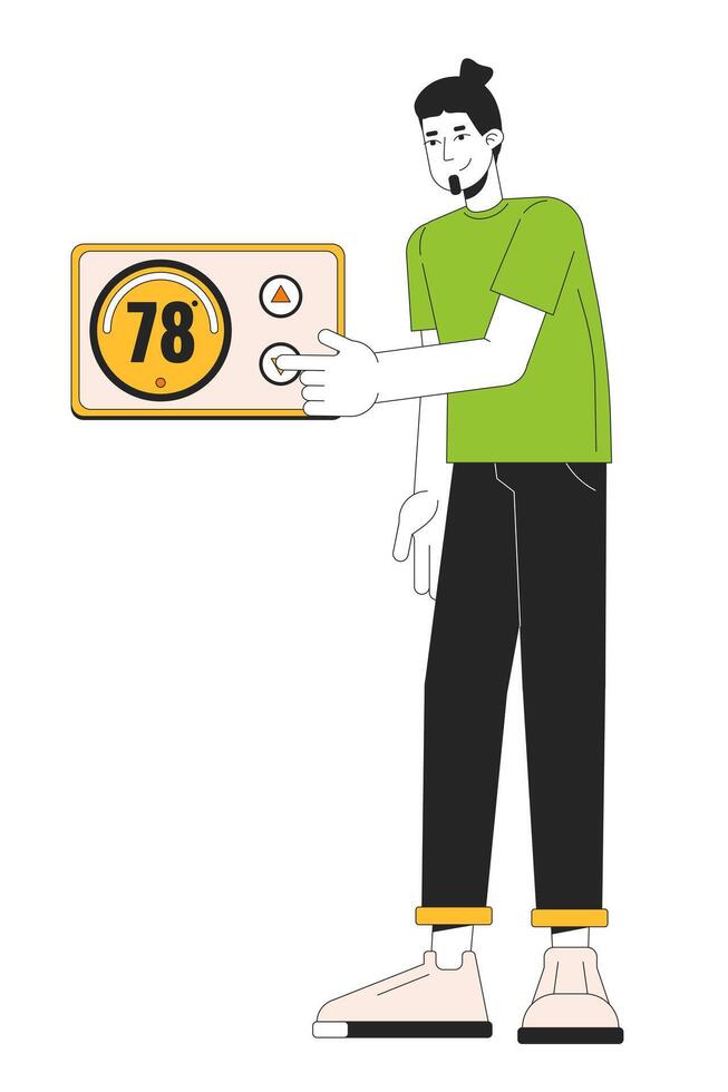 Adjusting thermostat line cartoon flat illustration. Keep house warm 2D lineart character isolated on white background. Lower electricity usage. Heating control switching scene vector color image