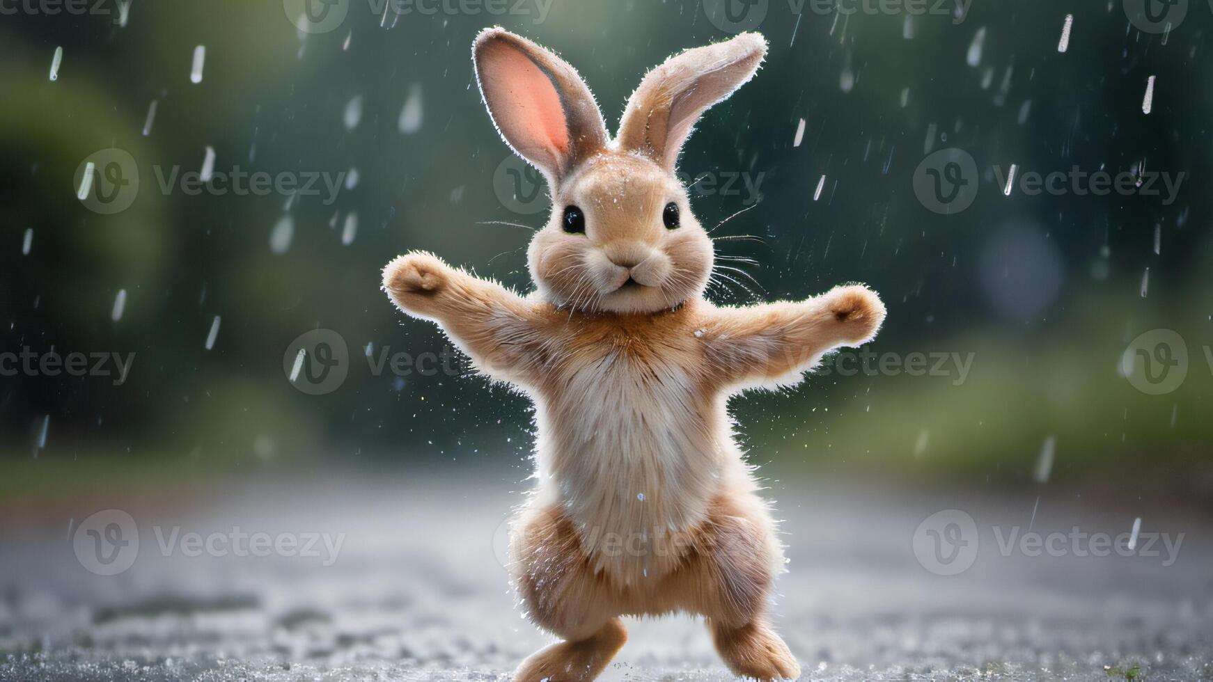 AI generated Photo Of Dancing Bunny In Watercolor Rain Whimsical Raindrops Playful Splashes Digital Illustration. AI Generated