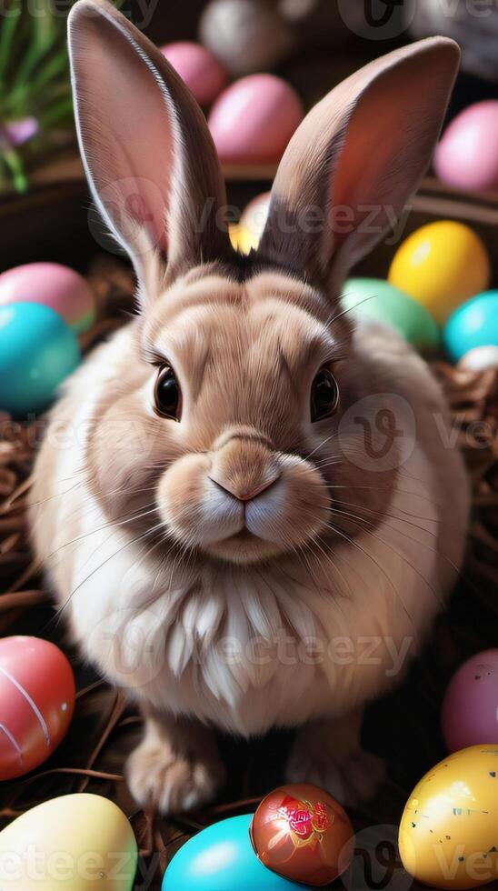 AI generated Photo Of Easter Bunny With Chocolate Eggs And Candy In The Est. AI Generated