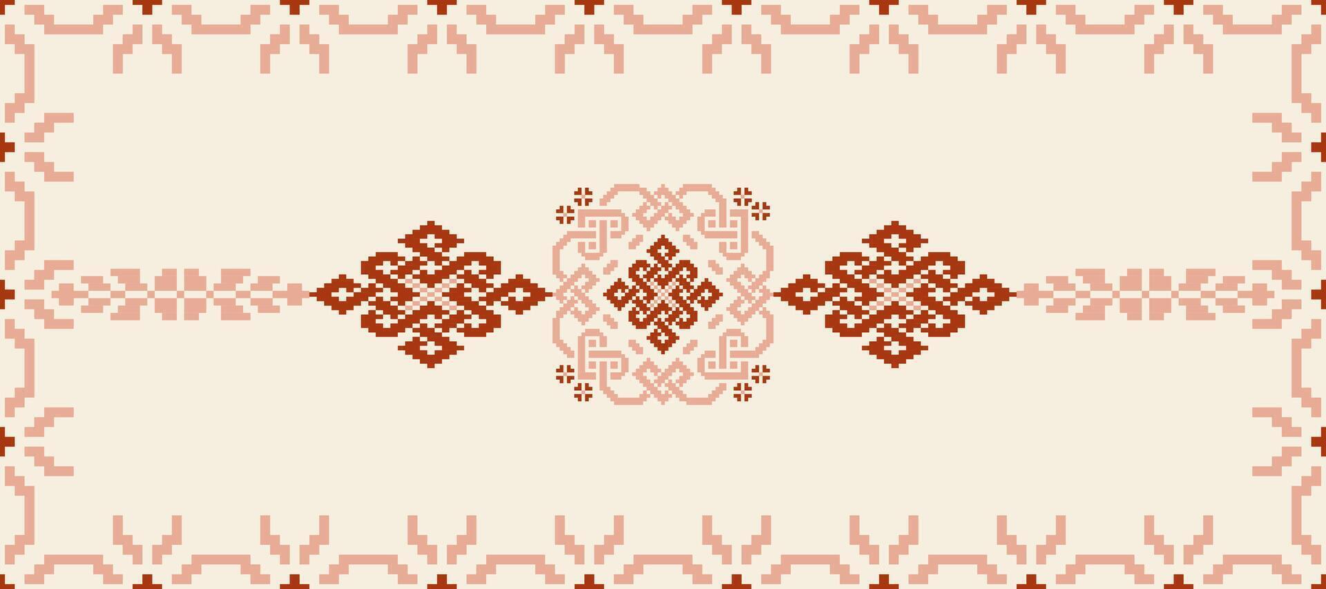 Floral pixel art pattern on white background.geometric ethnic oriental embroidery vector illustration.pixel style,abstract background,cross stitch.design for texture,fabric,cloth,scarf, table runner.