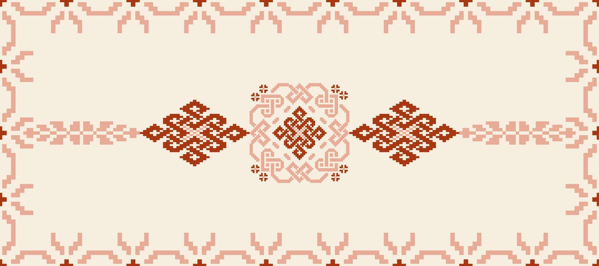 Floral pixel art pattern on white background.geometric ethnic oriental embroidery vector illustration.pixel style,abstract background,cross stitch.design for texture,fabric,cloth,scarf, table runner.