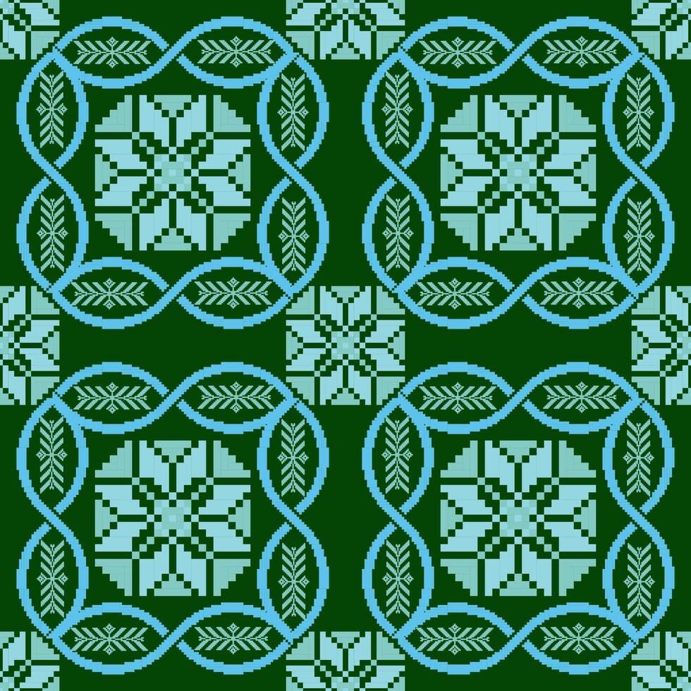 Floral pixel art pattern on white background.geometric ethnic oriental embroidery vector illustration.pixel style,abstract background,cross stitch.design for texture,fabric,cloth,scarf, table runner.