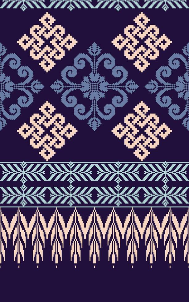Floral pixel art pattern on white background.geometric ethnic oriental embroidery vector illustration.pixel style,abstract background,cross stitch.design for texture,fabric,cloth,scarf, table runner.