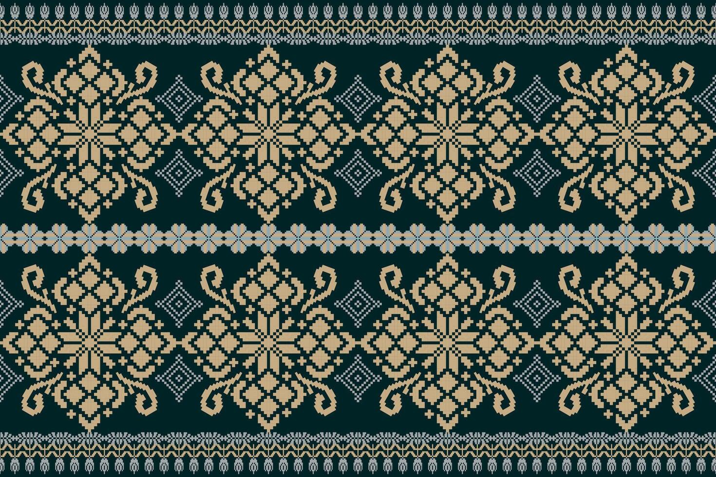 Floral pixel art pattern on white background.geometric ethnic oriental embroidery vector illustration.pixel style,abstract background,cross stitch.design for texture,fabric,cloth,scarf, table runner.