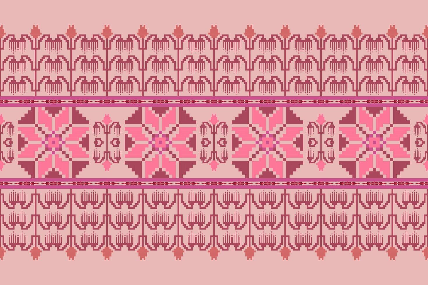 Floral pixel art pattern on white background.geometric ethnic oriental embroidery vector illustration.pixel style,abstract background,cross stitch.design for texture,fabric,cloth,scarf, table runner.