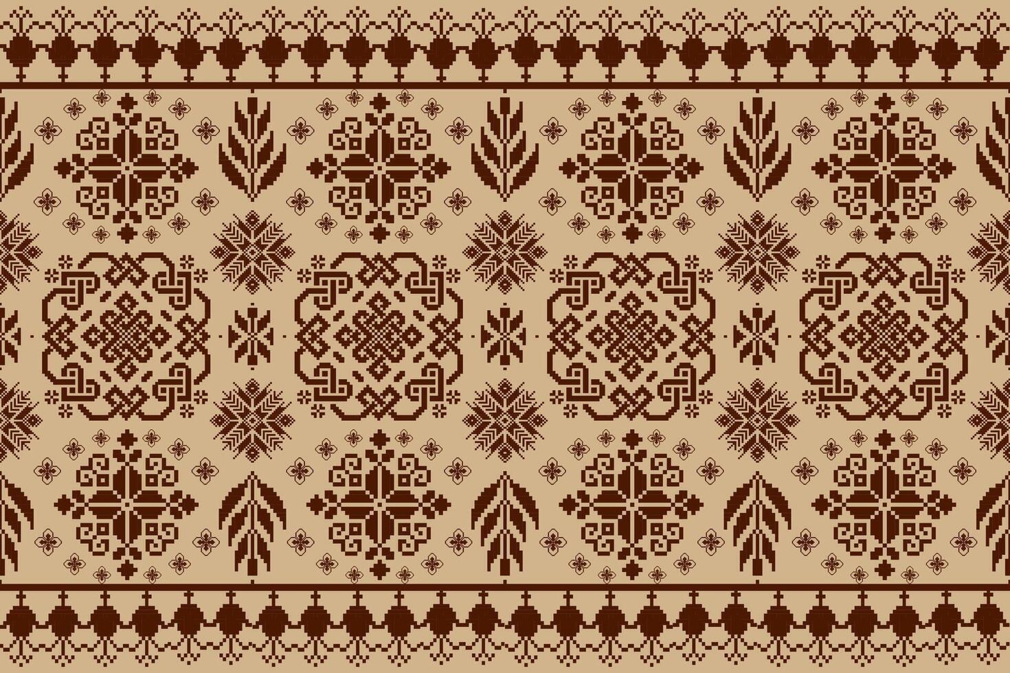 Floral pixel art pattern on white background.geometric ethnic oriental embroidery vector illustration.pixel style,abstract background,cross stitch.design for texture,fabric,cloth,scarf, table runner.