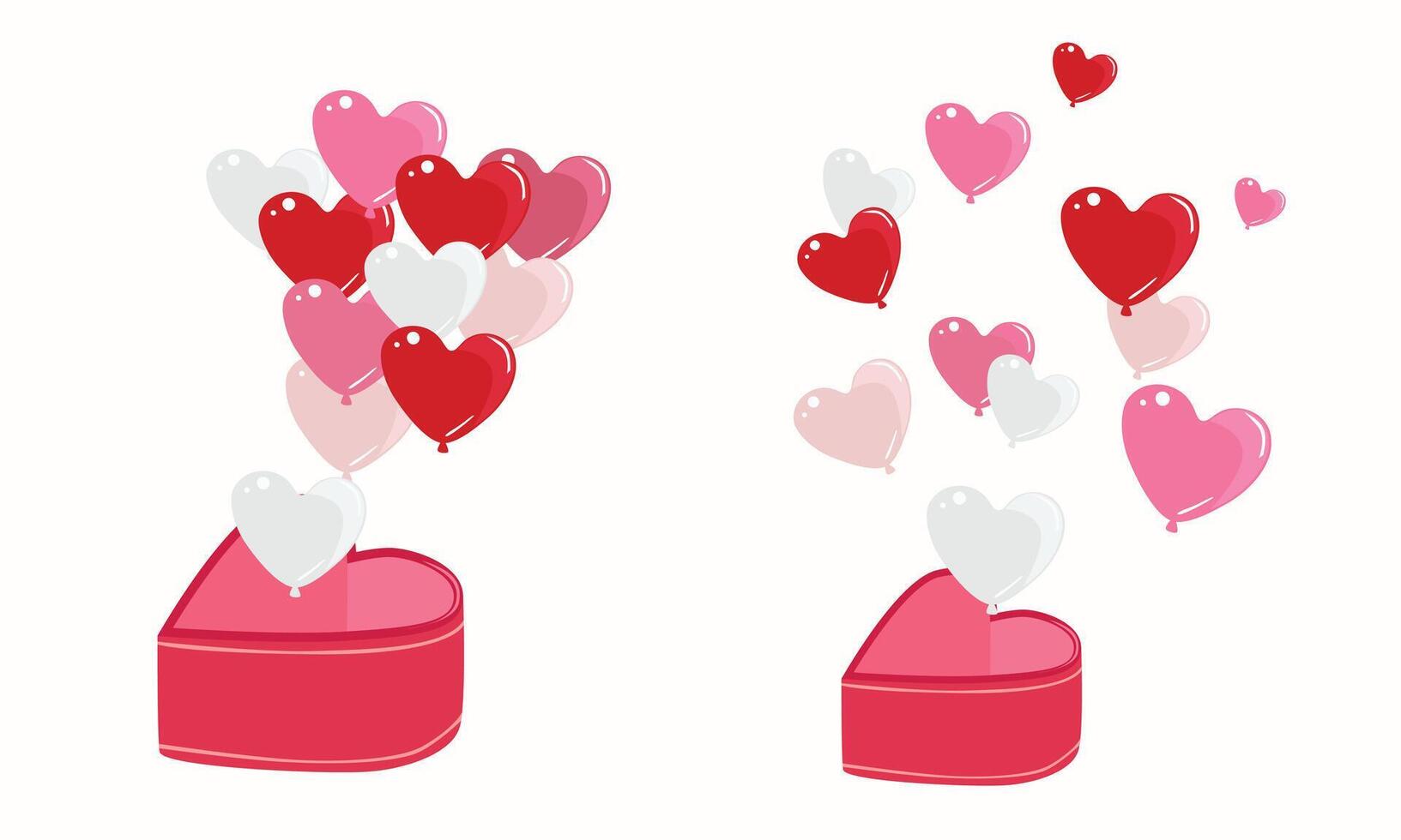 regalo caja con corazón globos San Valentín día plantilla, enamorado regalo, amor concepto. plano vector en dibujos animados estilo aislado en blanco antecedentes.