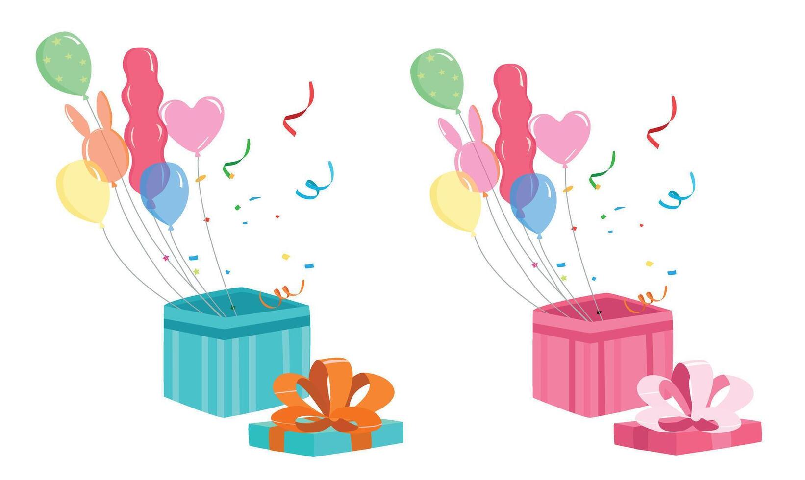 Gift box with balloons and confetti. Flat vector in cartoon style isolated on white background. Birthday gift, congratulation concept. Birthday element. Party and celebration vector.