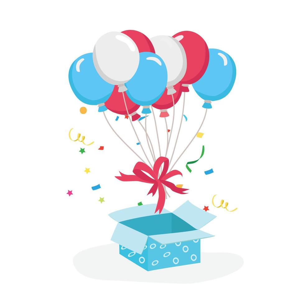 Gift box with balloons and confetti. Flat vector in cartoon style isolated on white background. Birthday gift, congratulation concept. Birthday element. Party and celebration vector.