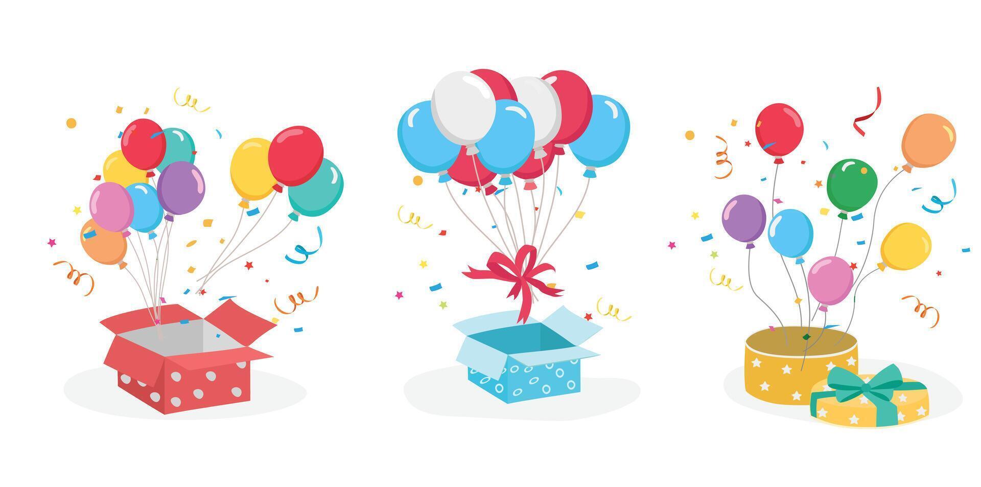 Gift box with balloons and confetti. Flat vector in cartoon style isolated on white background. Birthday gift, congratulation concept. Birthday element. Party and celebration vector.