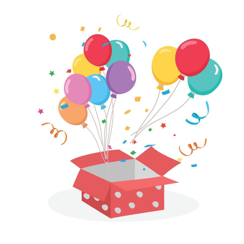 Gift box with balloons and confetti. Flat vector in cartoon style isolated on white background. Birthday gift, congratulation concept. Birthday element. Party and celebration vector.