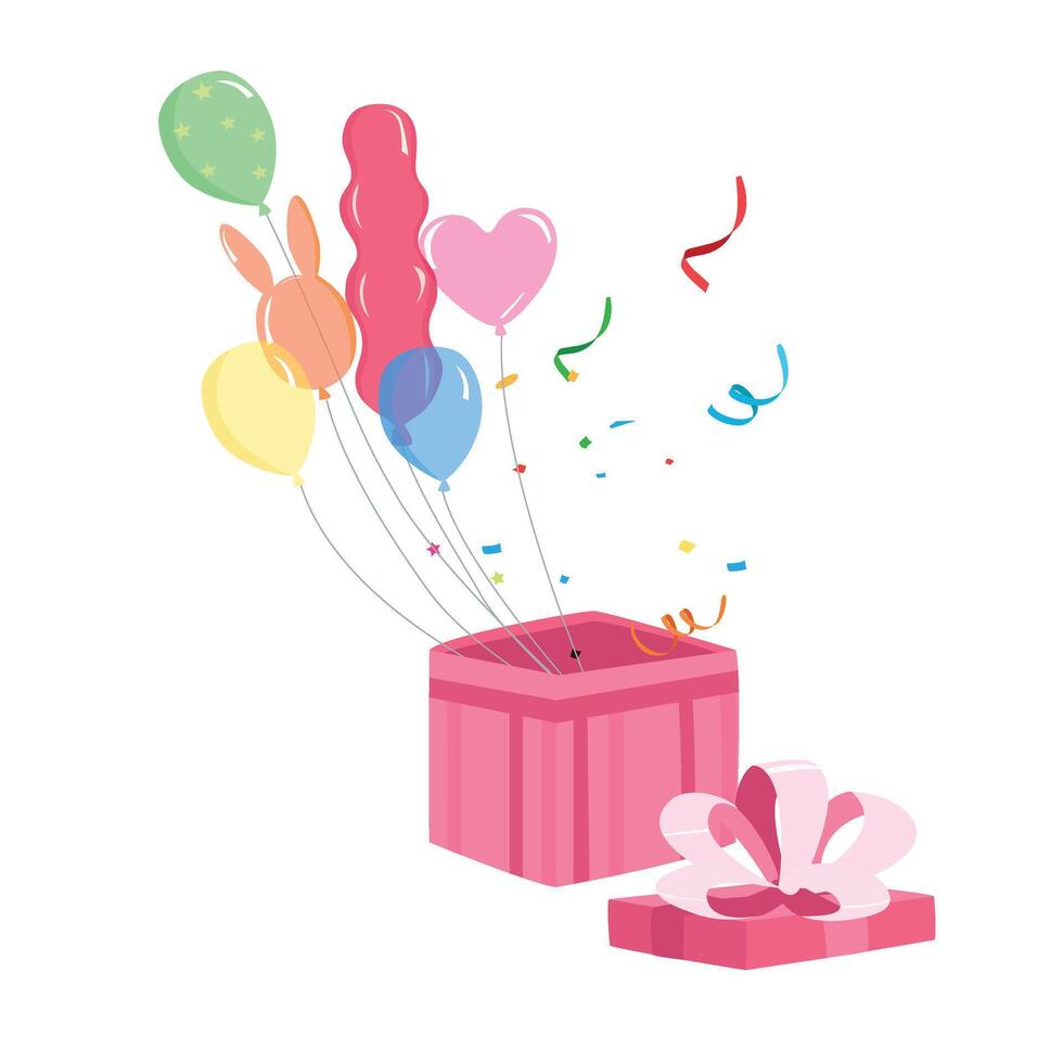 Gift box with balloons and confetti. Flat vector in cartoon style isolated on white background. Birthday gift, congratulation concept. Birthday element. Party and celebration vector.