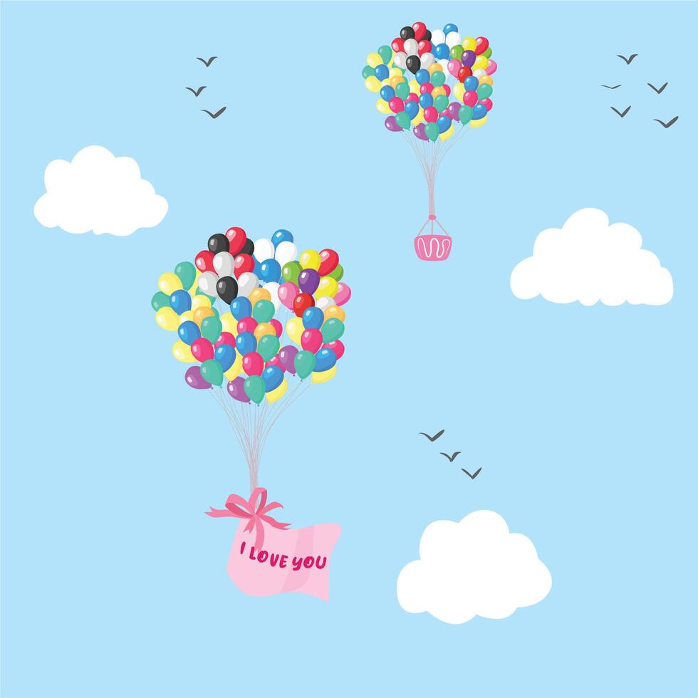 caliente aire globos vector ilustración conjunto en dibujos animados estilo. vistoso manojo de globos volador globo dirigible acortar Arte. decoración artículos para fiesta. plano vector aislado en blanco antecedentes.